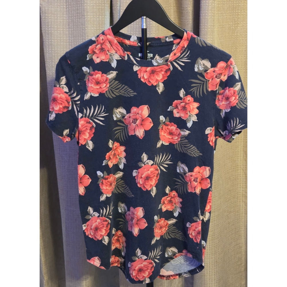 Hollister Short Sleeve Floral Crew Neck Blouse Women's Size Small Blue Pink